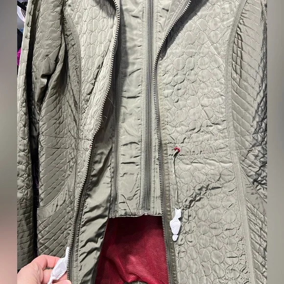 Montana Co Quilted Trench Barn Utility Coat Olive Green Removable Bib & Hood